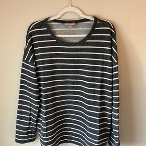 LOFT Grey and White Striped Crew Neck Sweater